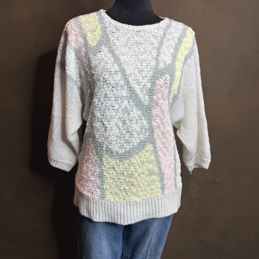 Vintage 80’s Pastel Boxy Geometric Knit Sweater Italy made women’s Medium